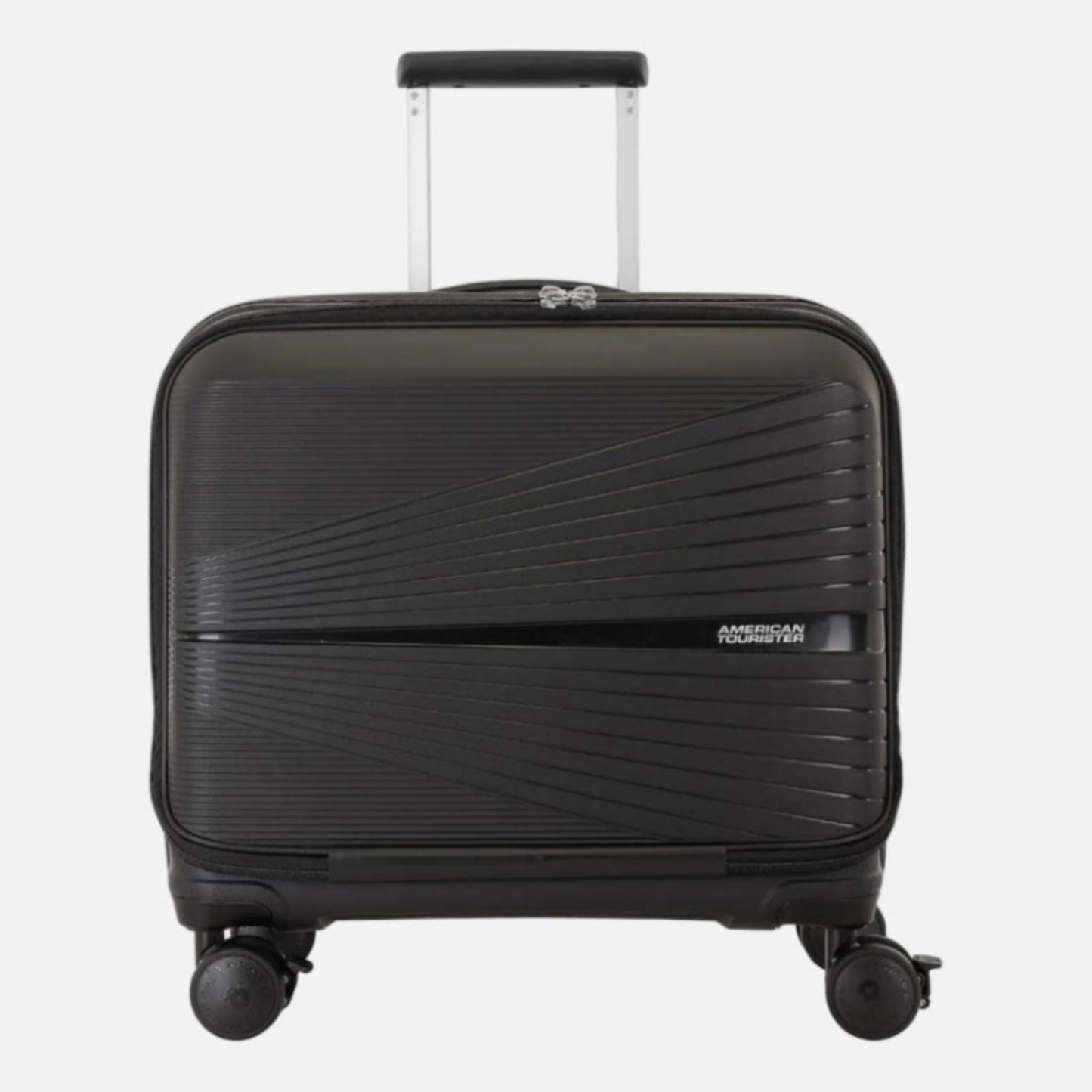 A black American Tourister carry-on suitcase with a textured, diagonally ribbed exterior, featuring an extended telescoping handle and four spinner wheels, shown against a plain white background.